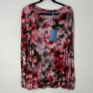 Floral Watercolor Slinky Knit Pullover Top Pink Long Sleeve Feminine Romantic XL